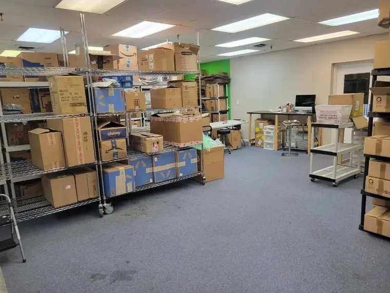 Shelving stocked with inventory inside the distribution center